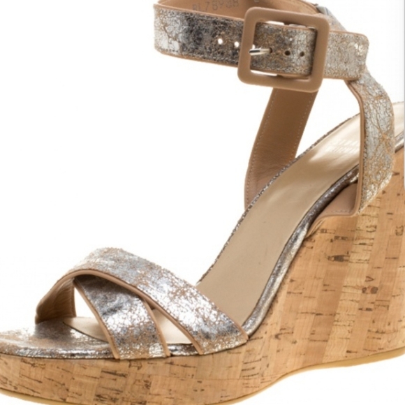 Stuart Weitzman Metallic Silver Embossed Suede Cross Strap Cork Wedge Sandal sz - Picture 2 of 11